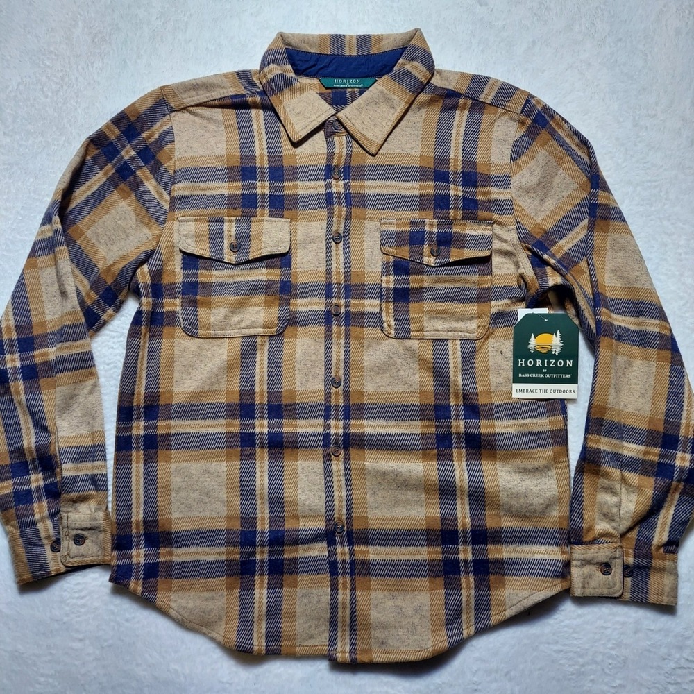 Horizon Bass Creek Outfitters Shirt Mens XXL Tan Blue NWT Plaid Flannel HO432459